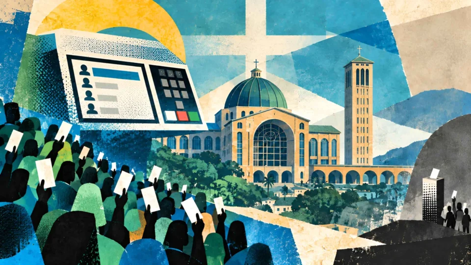 Ilustração conceitual da vitória de Flávio Bolsonaro em Aparecida (SP), com o Santuário Nacional de Nossa Senhora Aparecida ao lado de uma urna eletrônica