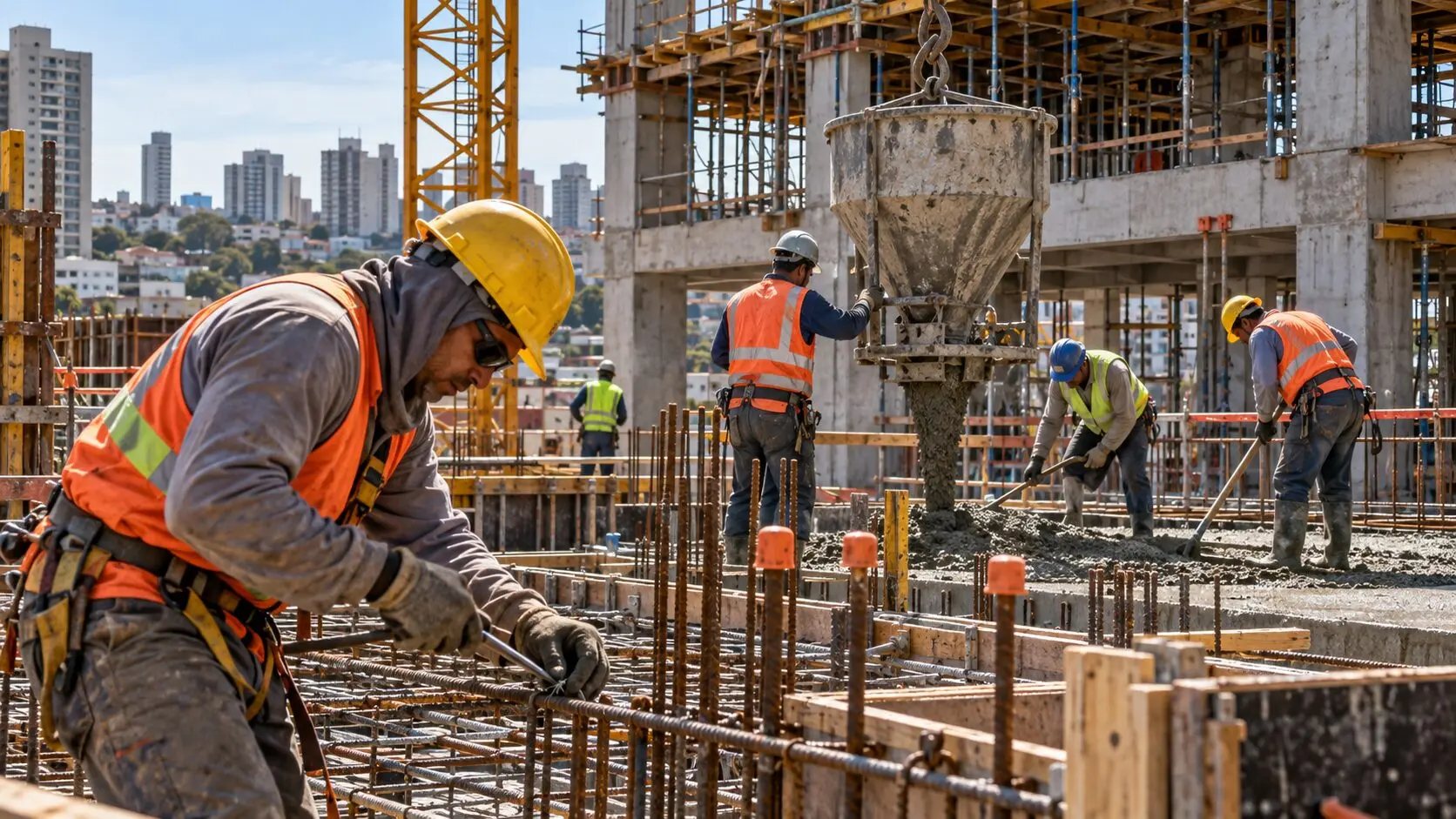 Trabalhadores da construção civil em atividade. O setor registrou crescimento de 154% no saldo de empregos formais no Paraná em agosto de 2026, segundo dados do Caged analisados pela Fecomércio PR.