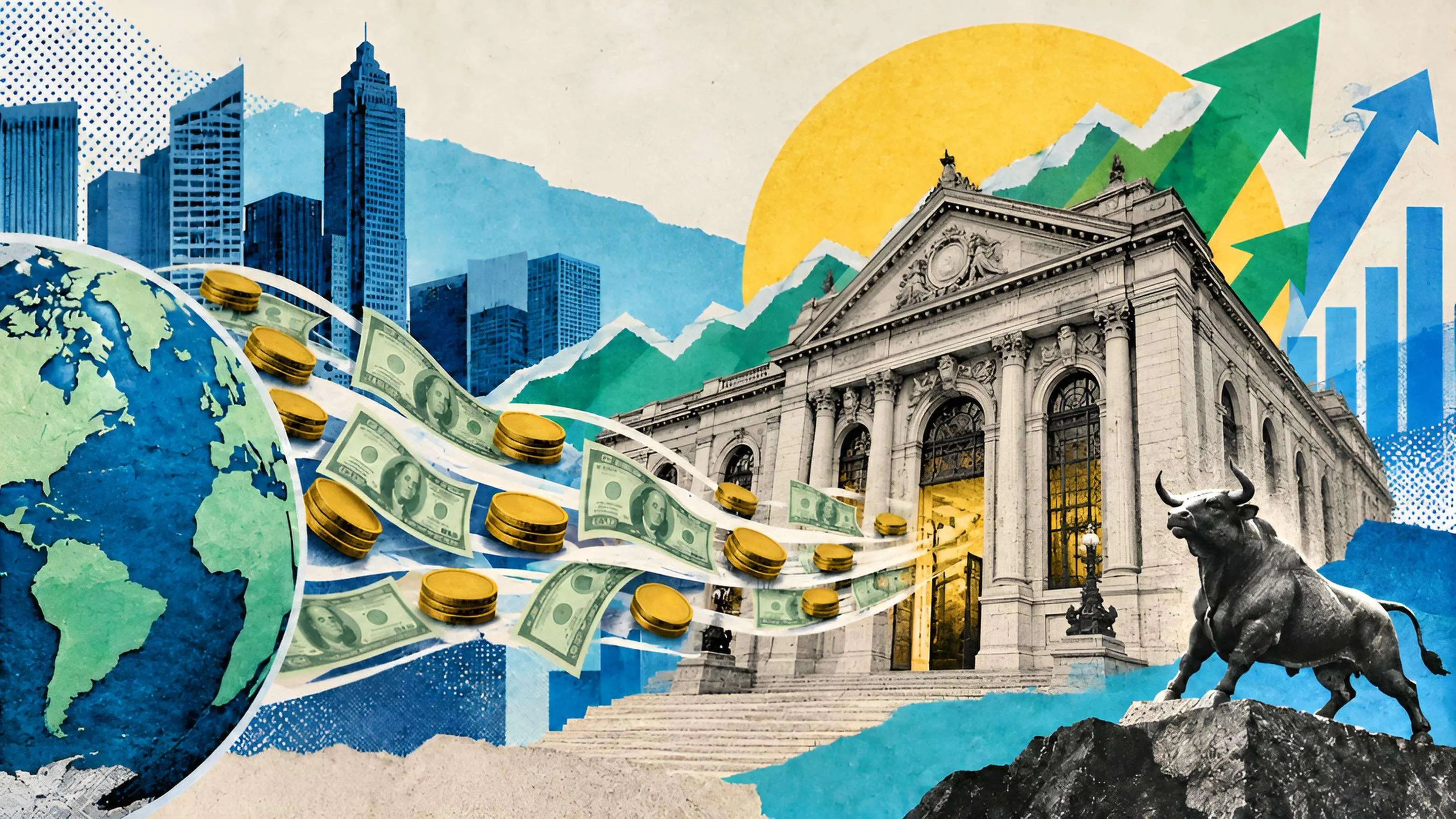Capital estrangeiro impulsiona a alta da bolsa brasileira em ilustração de colagem