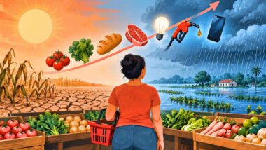 Ilustração que mostra um consumidor de costas segurando uma cesta de compras em uma feira, com itens do custo de vida flutuando acima — tomates, folhas verdes, pão, corte de carne, lâmpada, bico de bomba de combustível e smartphone — entre um céu de sol forte sobre terra seca e outro de tempestade sobre plantação alagada, em referência aos efeitos do El Niño sobre os preços