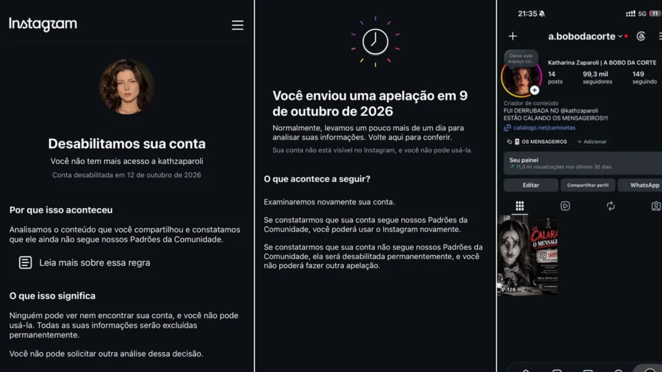 O perfil @kathzaparoli foi retirado do ar na sexta-feira (9), e Katharina ficou apenas com o perfil @a.boboda corte, sem conteúdos.