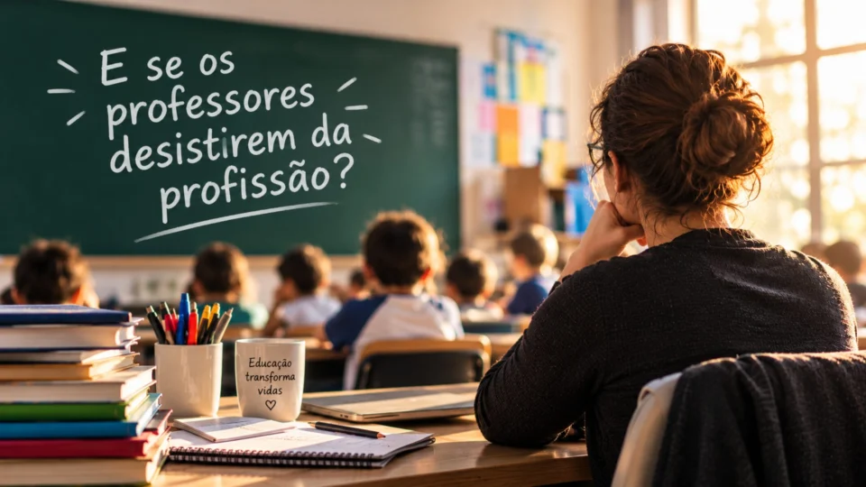 Imagem de uma sala de aula com o título do texto escrito no quadro.