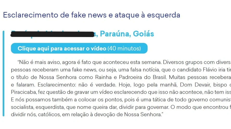 Em outra situação destacada na pesquisa, um padre comenta a respeito de uma notícia falsa que circulou em grupos de fiéis.