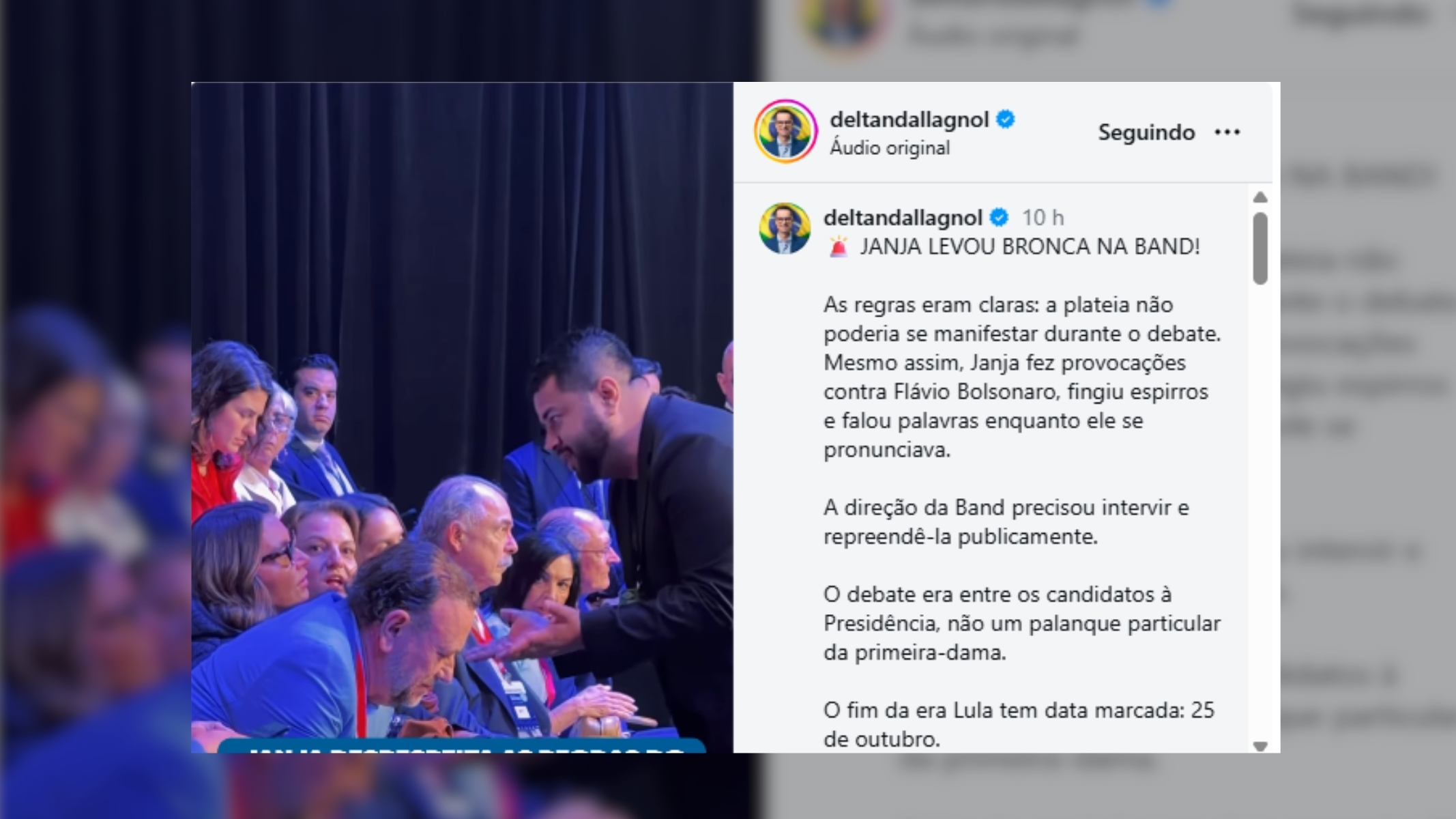 Produção da Band repreende Janja após manifestação durante debate
