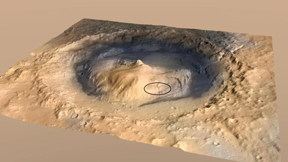 Esta ilustração artística mostra o Monte Sharp, a montanha de 5 quilômetros de altura que o rover Curiosity da NASA vem escalando desde 2014.