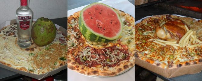 A pizzaria também costuma colocar ingredientes no centro da pizza, como vodca com água de coco, frutas ou frango assado. Fotos: Divulgação A pizzaria também costuma colocar ingredientes no centro da pizza, como vodca com água de coco, frutas ou frango assado. Fotos: Divulgação