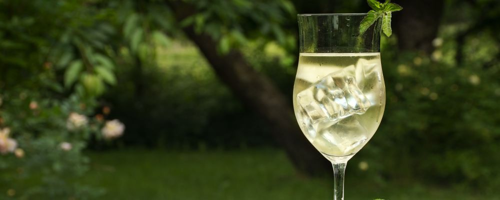 soft drink with ice cubes from elderflower syrup juice champagne soda and mint in a glass on a white wooden table in the garden selected focus narrow depth of field