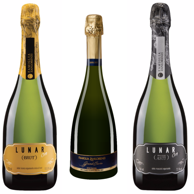 Da esquerda para a direita: Lunar Oro Asti (R$ 36,90), Grand Cuvée (R$ 95) e Lunar Oro Brut (R$ 36,90). Foto: Divulgação Da esquerda para a direita: Lunar Oro Asti (R$ 36,90), Grand Cuvée (R$ 95) e Lunar Oro Brut (R$ 36,90). Foto: Divulgação