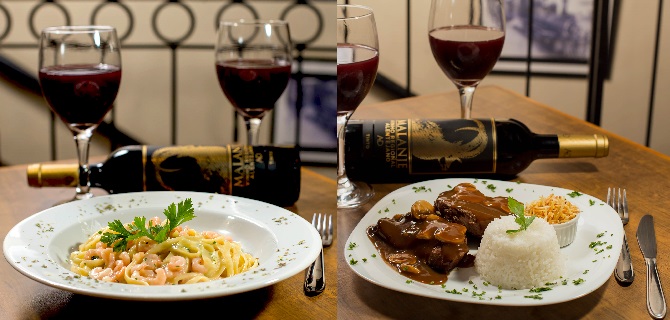 Talharim com Camarão no creme de leite (esquerda) e escalope de mignon ao molho madeira (direita). Foto: Fabiano Guma Talharim com Camarão no creme de leite (esquerda) e escalope de mignon ao molho madeira (direita). Foto: Fabiano Guma