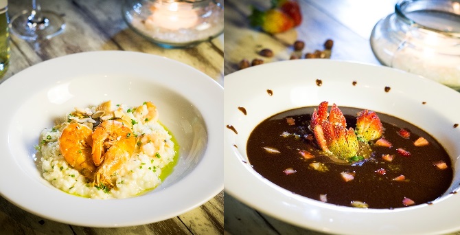 Camarões ao molho champagne com crocante de amêndoas e risoto de limão (esquerda) e sopa de chocolate (direita). Foto: Divulgação Camarões ao molho champagne com crocante de amêndoas e risoto de limão (esquerda) e sopa de chocolate (direita). Foto: Divulgação