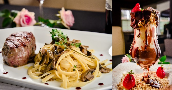Segundo prato (medalhão de mignon grelhado servido com tagliatelle ao funghi) e sobremesa (tazza della nonna) do menu para Dia dos Namorados. Foto: Priscilla Fiedler Segundo prato (medalhão de mignon grelhado servido com tagliatelle ao funghi) e sobremesa (tazza della nonna) do menu para Dia dos Namorados. Foto: Priscilla Fiedler