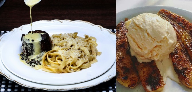 Mignon com molho de sua escolha (esquerda) e banana da terra flambada na cachaça com sorvete de creme (direita). Foto: Divulgação Mignon com molho de sua escolha (esquerda) e banana da terra flambada na cachaça com sorvete de creme (direita). Foto: Divulgação