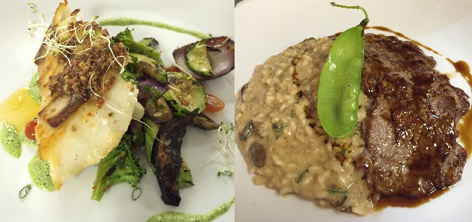Peixe do dia com sauté de legumes ao molho de manjericão (esquerda) e risotto de funghi porcini e mix de cogumelos com escaope gralhado. Foto: Peixe do dia com sauté de legumes ao molho de manjericão (esquerda) e risotto de funghi porcini e mix de cogumelos com escaope gralhado. Foto: