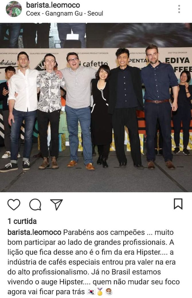 Postagem que Leo Moço fez no Instagram sobre a final do World Barista Championship. Foto: Reprodução/Instagram. Postagem que Leo Moço fez no Instagram sobre a final do World Barista Championship. Foto: Reprodução/Instagram.