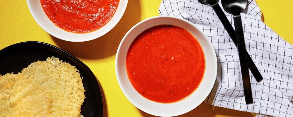 Fast Blender Tomato Soup With Cheese Crisps. MUST CREDIT: Photo by Stacy Zarin Goldberg for The Washington Post.
