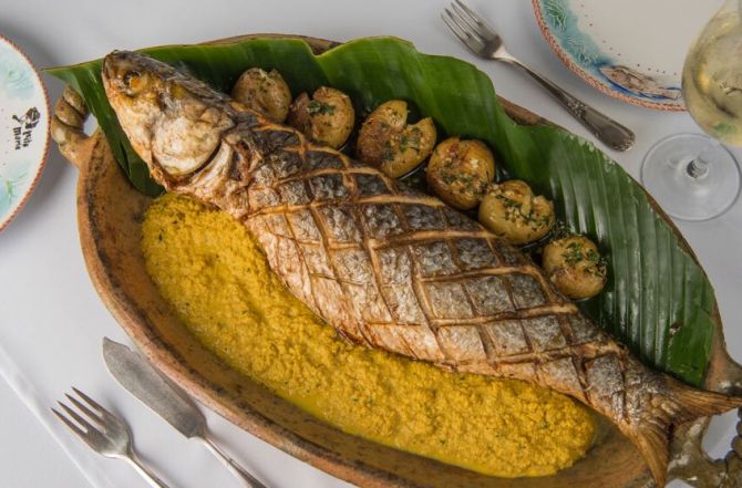 Tainha assada e recheada com creme de ovas da Rita Maria Lagosteria. Foto: Divulgação Tainha assada e recheada com creme de ovas da Rita Maria Lagosteria. Foto: Divulgação