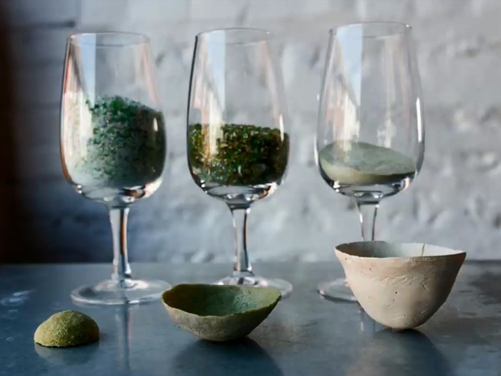 As garrafas de vinho vazias são trituradas e viram areia que será usada na horta ou na manufatura de novos recipientes. Foto: reprodução/transmissão Fruto. As garrafas de vinho vazias são trituradas e viram areia que será usada na horta ou na manufatura de novos recipientes. Foto: reprodução/transmissão Fruto.
