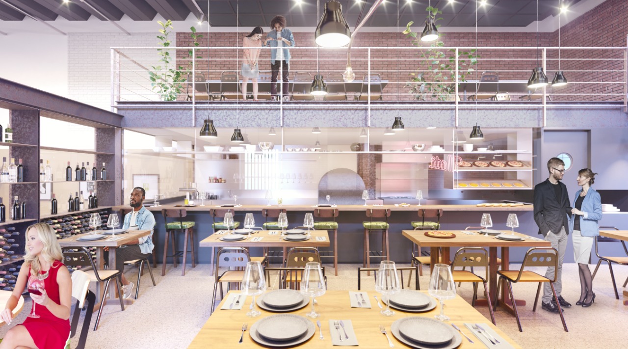 Projeto arquitetônico do Madá, trattoria que funcionará dentro de um espaço colaborativo. Imagem: Divulgação Projeto arquitetônico do Madá, trattoria que funcionará dentro de um espaço colaborativo. Imagem: Divulgação