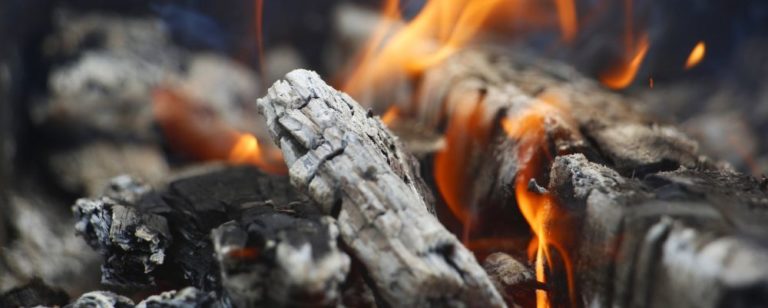 Bonfire. Orange flame of a fire. Burning birch tree in the fireplace. Bonfire on the grill with smoke. Arson or natural disaster. Bonfire close. Fire in nature. Bonfire background.