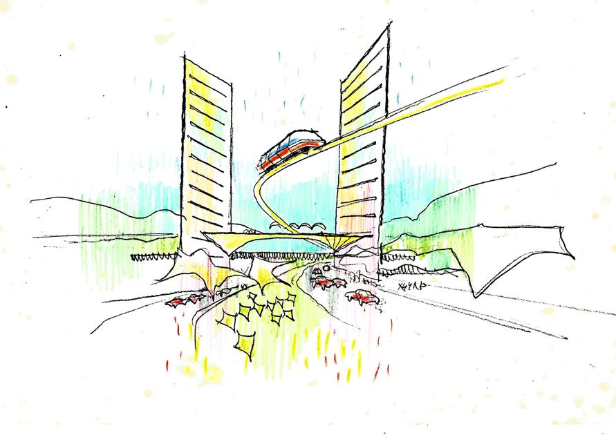 Ilustração conceitual do arquiteto Abrão Assad: ele aposta em uma cidade menos subterrânea e mais voltada para transportes de superfície, que possam integrar Curitiba à RMC. Foto: Abrão Assad/Divulgação