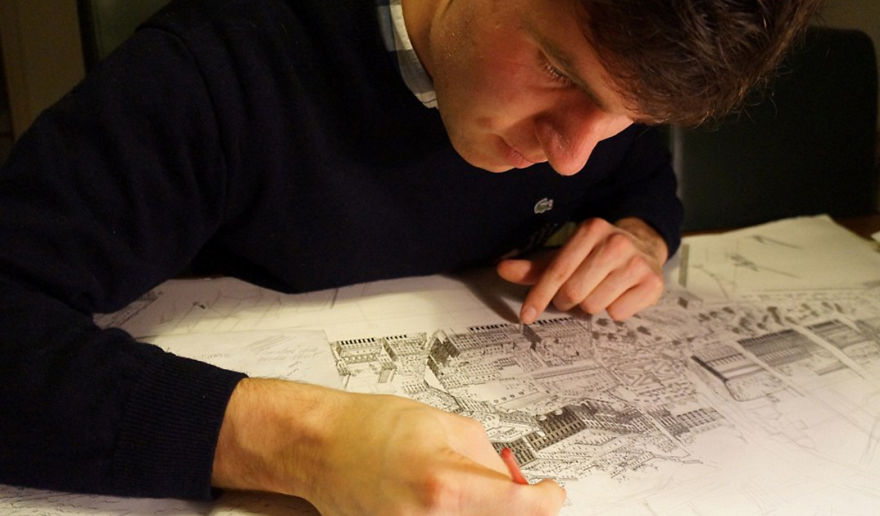 Artista holandês desenha de cabeça cidades com detalhes impressionantes Stefan Bleekrode desenha metrópoles a lápis com uma técnica tão apurada, que só se compara com a fotografia. Imagens: Stefan Bleekrode/Divulgação