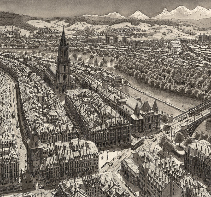 Artista holandês desenha de cabeça cidades com detalhes impressionantes Artista holandês desenha de cabeça cidades com detalhes impressionantes