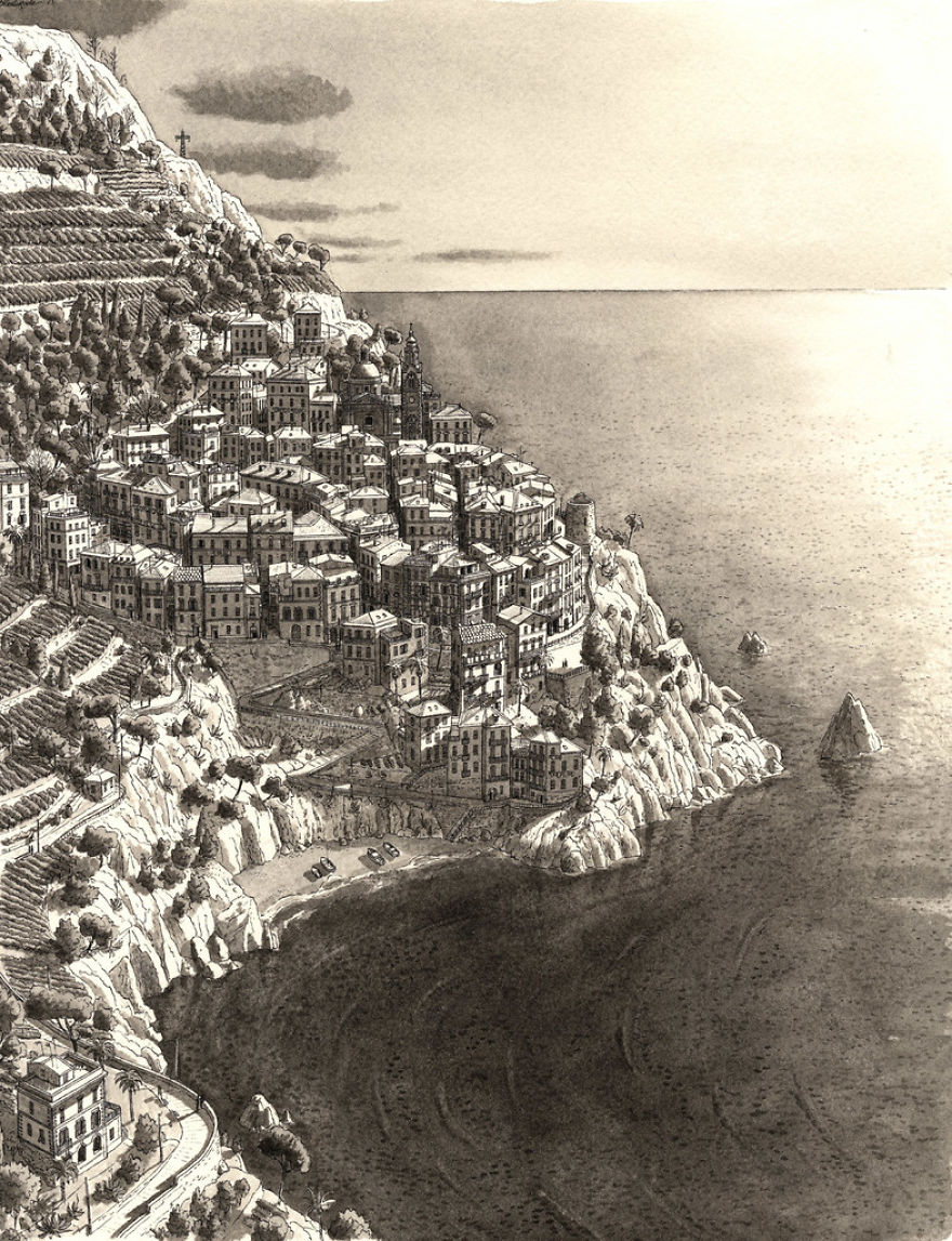 Artista holandês desenha de cabeça cidades com detalhes impressionantes Artista holandês desenha de cabeça cidades com detalhes impressionantes
