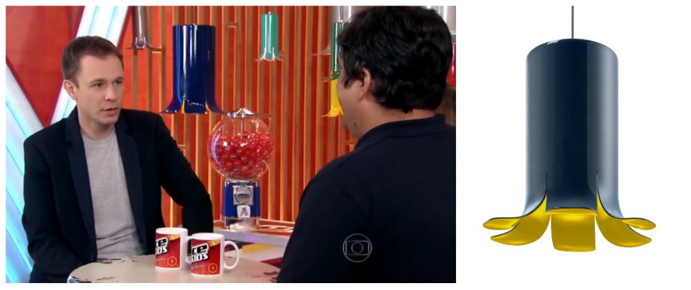 O apresentador Tiago Leifert com as luminárias Lali ao fundo. Imagem: Reprodução Globo / divulgação. O apresentador Tiago Leifert com as luminárias Lali ao fundo. Imagem: Reprodução Globo / divulgação.