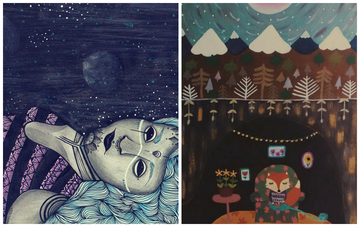 Trabalhos de Kika Capucha e Liu Oliva estarão expostos e poderão ser comprados. Imagens: Divulgação/Kika Capucha Dibujos de Capucha (esq.) e Divulgação/Liu Oliva Ateliê Ciranda (dir.)