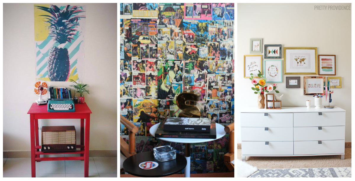 São várias as opções para quem quer decorar a parede sem usar furos e pregos. Fotos: Mania de Decoração (esq.), Iran Giusti/BuzzFeed Brasil (centro) e Pretty Providence (dir.)