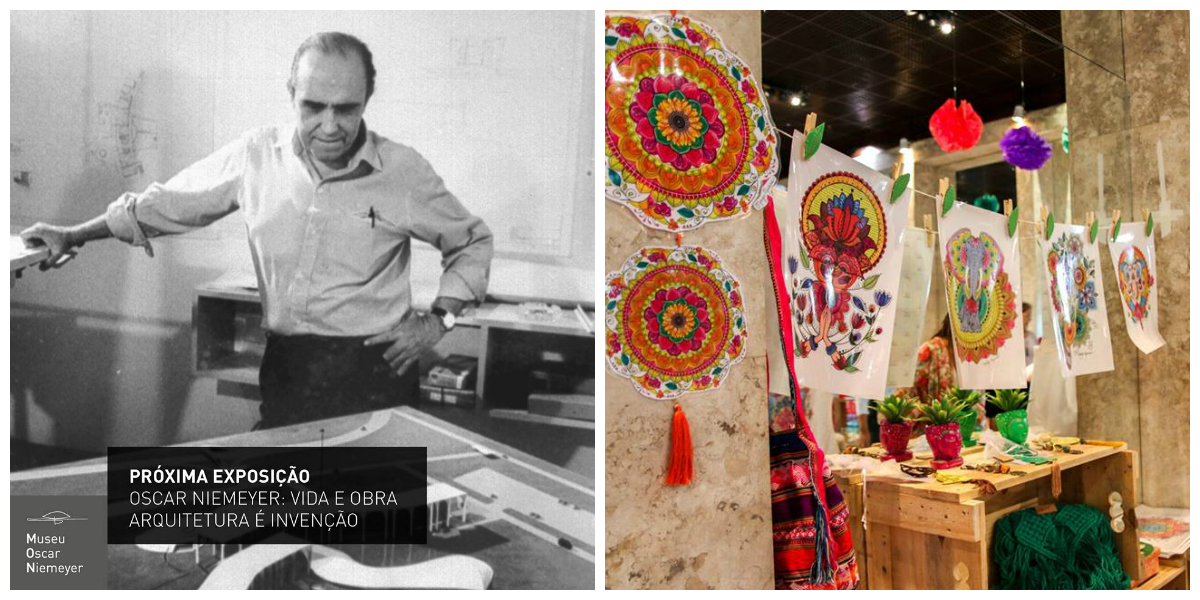 Mostra sobre a obra de Niemeyer e bazar de artesanato são opções para quem gosta de arquitetura e decoração. Fotos: Museu Oscar Niemeyer/Divulgação (esq.) e Aimée Machado (dir.)