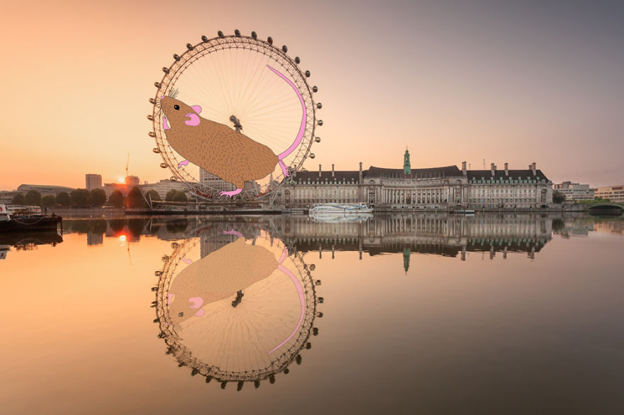 A London Eye, em Londres, vira uma grande roda de hamster nas mãos da artista. Foto: Julia Borzucka/Instagram