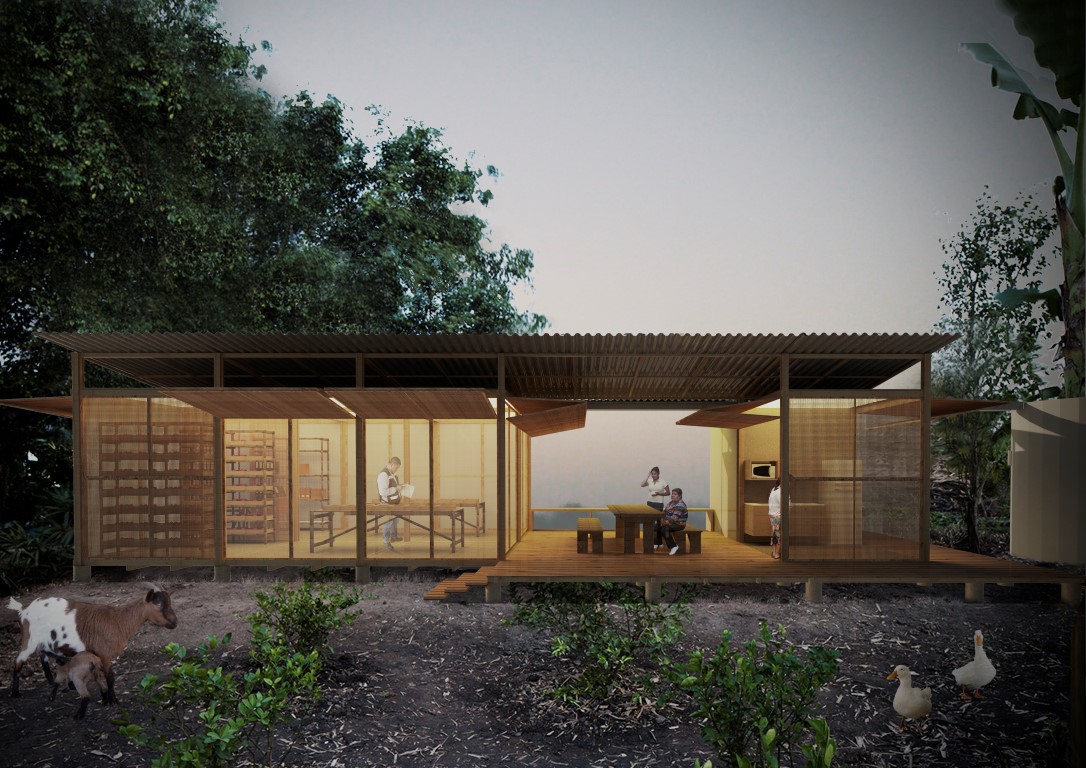 O escritório Estúdio Flume teve como inspiração comunidades no Maranhão que sofrem com períodos de seca e com o calor. A ideia é que as casas estimulem os reservatórios de água da chuva e sejam de montagem rápida, pela própria comunidade. 
Imagem: Estúdio Flume / Divulgação  