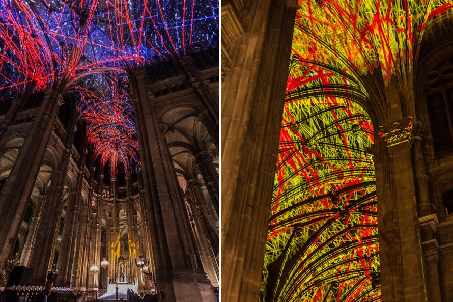 Efeito colorido no teto da igreja Saint-Eustache. Projeto do artista Miguel Chevalier. Efeito colorido no teto da igreja Saint-Eustache. Projeto do artista Miguel Chevalier.