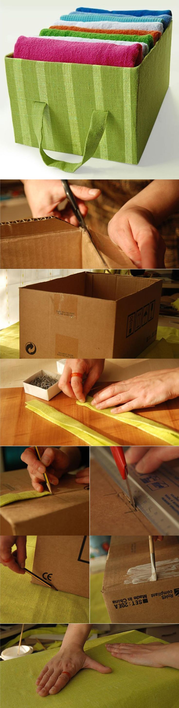 Caixas de papelão foram encapadas com tecido colorido e transformadas em organizadores. / Crédito: Pinterest. Caixas de papelão foram encapadas com tecido colorido e transformadas em organizadores. / Crédito: Pinterest.