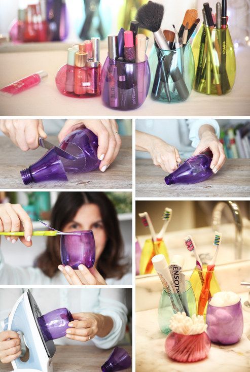 Pequenas garrafas PET se transformam em potes para organização. / Crédito: Pinterest. Pequenas garrafas PET se transformam em potes para organização. / Crédito: Pinterest.