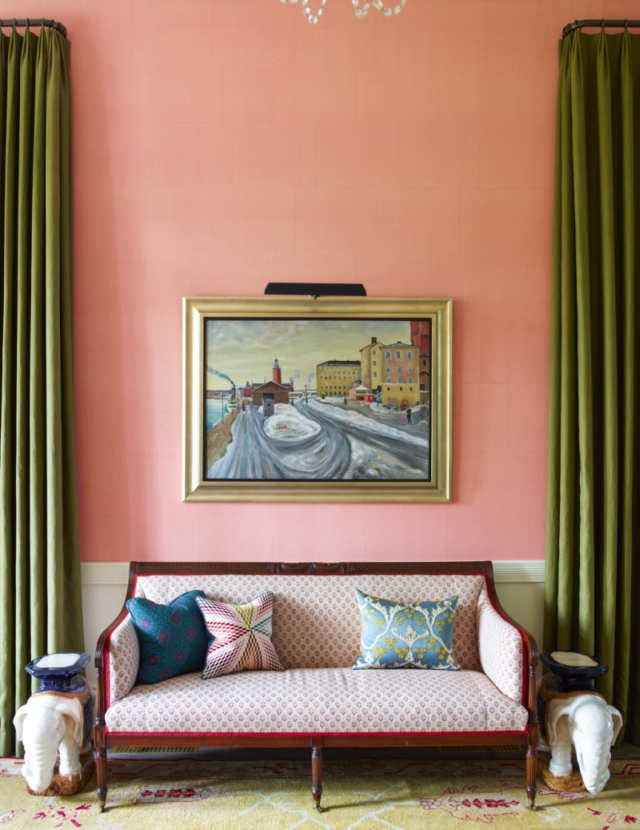 Katie Ridder and Peter Pennoyer’s living room walls are covered in pale-pink de Gournay tea paper. MUST CREDIT: Eric Piasecki Katie Ridder and Peter Pennoyer’s living room walls are covered in pale-pink de Gournay tea paper. MUST CREDIT: Eric Piasecki
