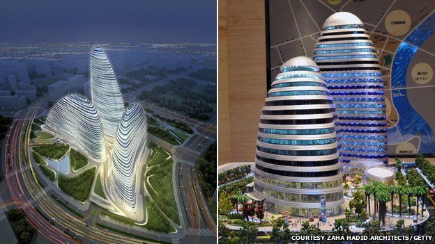 À esquerda, o projeto original do Wangjing SOHO, em Pequim, assinado pela arquiteta Saha Hadid. À direita, uma cópia quase idêntica em Chongqing. Zaha chegou a reclamar porque a cópia estava, inclusive, sendo construída mais rápido que o original. Foto: Zaha Hadid Architects/Getty À esquerda, o projeto original do Wangjing SOHO, em Pequim, assinado pela arquiteta Saha Hadid. À direita, uma cópia quase idêntica em Chongqing. Zaha chegou a reclamar porque a cópia estava, inclusive, sendo construída mais rápido que o original. Foto: Zaha Hadid Architects/Getty
