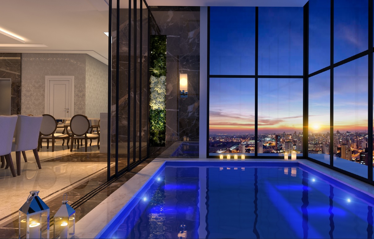 Projeção dos apartamentos revela piscina privativa em cada andar. Imagens: Construtora LCS/Divulgação