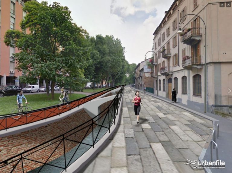 Projeção de um canal reaberto na Via Conca del Naviglio. Imagem: Urbanfile/Divulgação