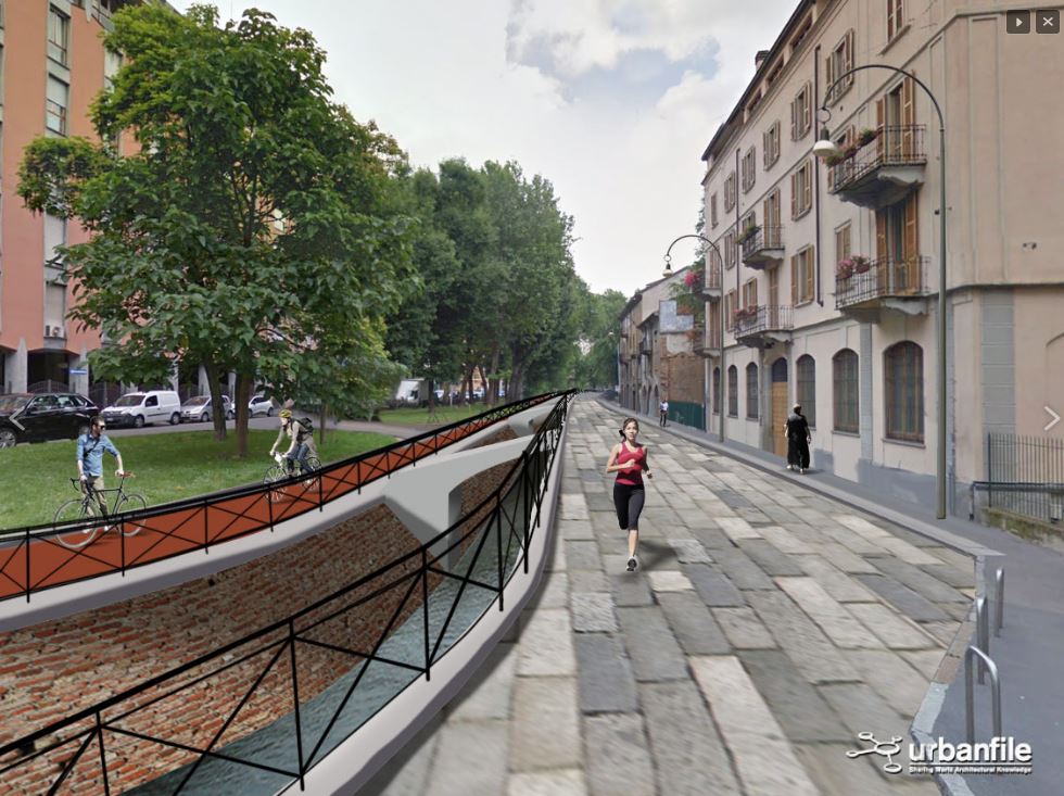 Projeção de um canal reaberto na Via Conca del Naviglio. Imagem: Urbanfile/Divulgação Projeção de um canal reaberto na Via Conca del Naviglio. Imagem: Urbanfile/Divulgação