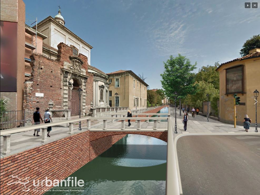 Projeção feita pelo site Urbanfile mostra como poderia ficar a Via Francesco Sforza depois da reabertura dos canais. Imagem: Urbanfile/Divulgação Projeção feita pelo site Urbanfile mostra como poderia ficar a Via Francesco Sforza depois da reabertura dos canais. Imagem: Urbanfile/Divulgação