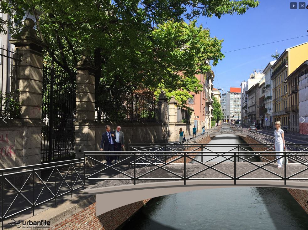 Na projeção do Urbanfile, a Via Senato ganha muitas pontes para cruzar um dos canais reabertos em Milão. Imagem: Urbanfile/Divulgação Na projeção do Urbanfile, a Via Senato ganha muitas pontes para cruzar um dos canais reabertos em Milão. Imagem: Urbanfile/Divulgação