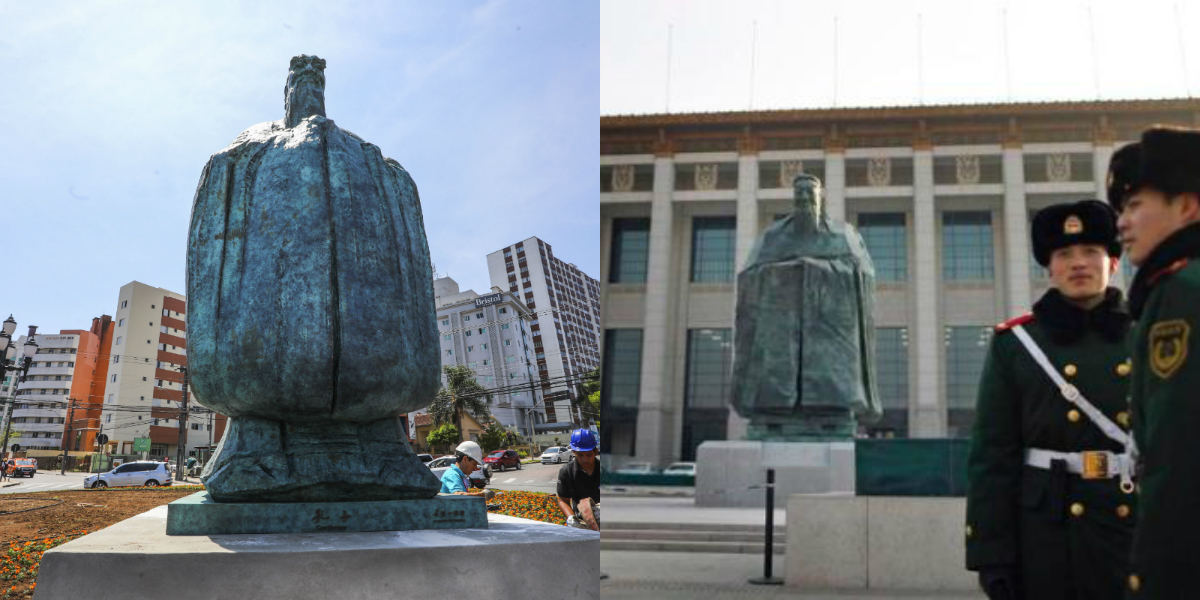 Semelhança entre a estátua que está em Curitiba e a que sumiu em 2011 na China levantou dúvida se elas não seriam a mesma. Fotos: Daniel Castellano/Prefeitura de Curitiba e Denver Post/Reprodução