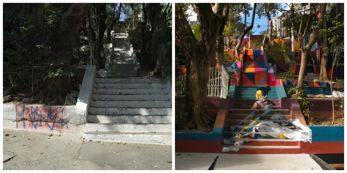 Antes e depois da escadaria na Rua Alves Guimarães, em Pinheiros. Foto: Divulgação. Antes e depois da escadaria na Rua Alves Guimarães, em Pinheiros. Foto: Divulgação.