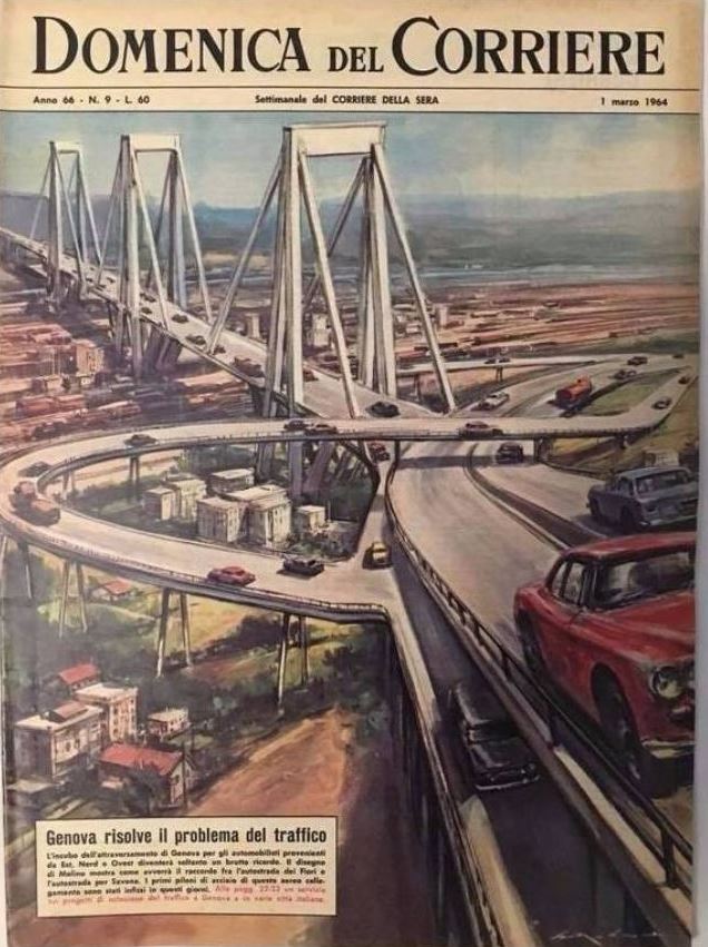Capa da revista de domingo do jornal Corriere Della Sera na ocasião da inauguração da ponte. Foto: Reprodução Capa da revista de domingo do jornal Corriere Della Sera na ocasião da inauguração da ponte. Foto: Reprodução