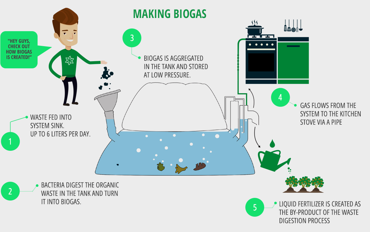 Funcionamento do HomeBiogas segundo o site oficial do produto: o primeiro passo é alimentar o sistema com os resíduos. Depois, as bactérias fazem a digestão do material, até a transformação em biogás. Por último, o gás pode ser usado na cozinha. Foto: divulgação/HomeBiogas. Funcionamento do HomeBiogas segundo o site oficial do produto: o primeiro passo é alimentar o sistema com os resíduos. Depois, as bactérias fazem a digestão do material, até a transformação em biogás. Por último, o gás pode ser usado na cozinha. Foto: divulgação/HomeBiogas.