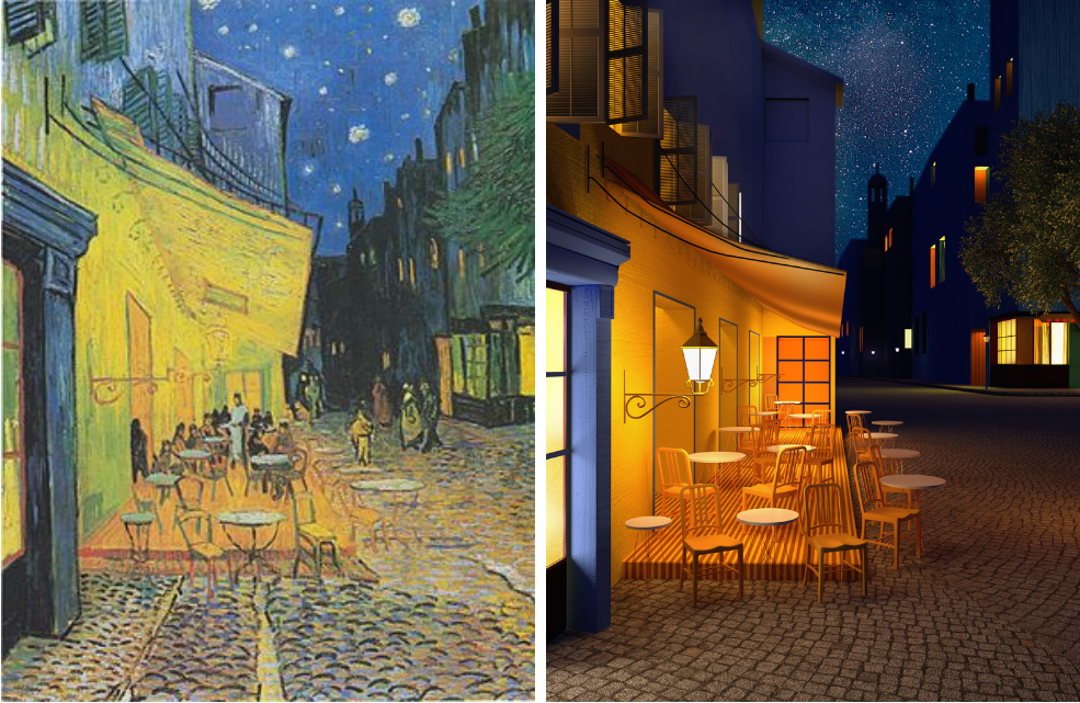 "Terraço do café à noite", de Van Gogh, 1888. Fotos: reprodução/re-ymagined