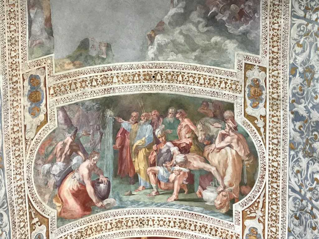 Frescoes above the marble staircase which Catholic tradition holds Jesus climbed at his judgment before the Roman prefect Pontius Pilate, in Rome, April 8, 2019. The steps, now in a sanctuary across from the Basilica of St. John Lateran, were purportedly brought to Rome in 326 A.D. (Elisabetta Povoledo/The New York Times) Frescoes above the marble staircase which Catholic tradition holds Jesus climbed at his judgment before the Roman prefect Pontius Pilate, in Rome, April 8, 2019. The steps, now in a sanctuary across from the Basilica of St. John Lateran, were purportedly brought to Rome in 326 A.D. (Elisabetta Povoledo/The New York Times)