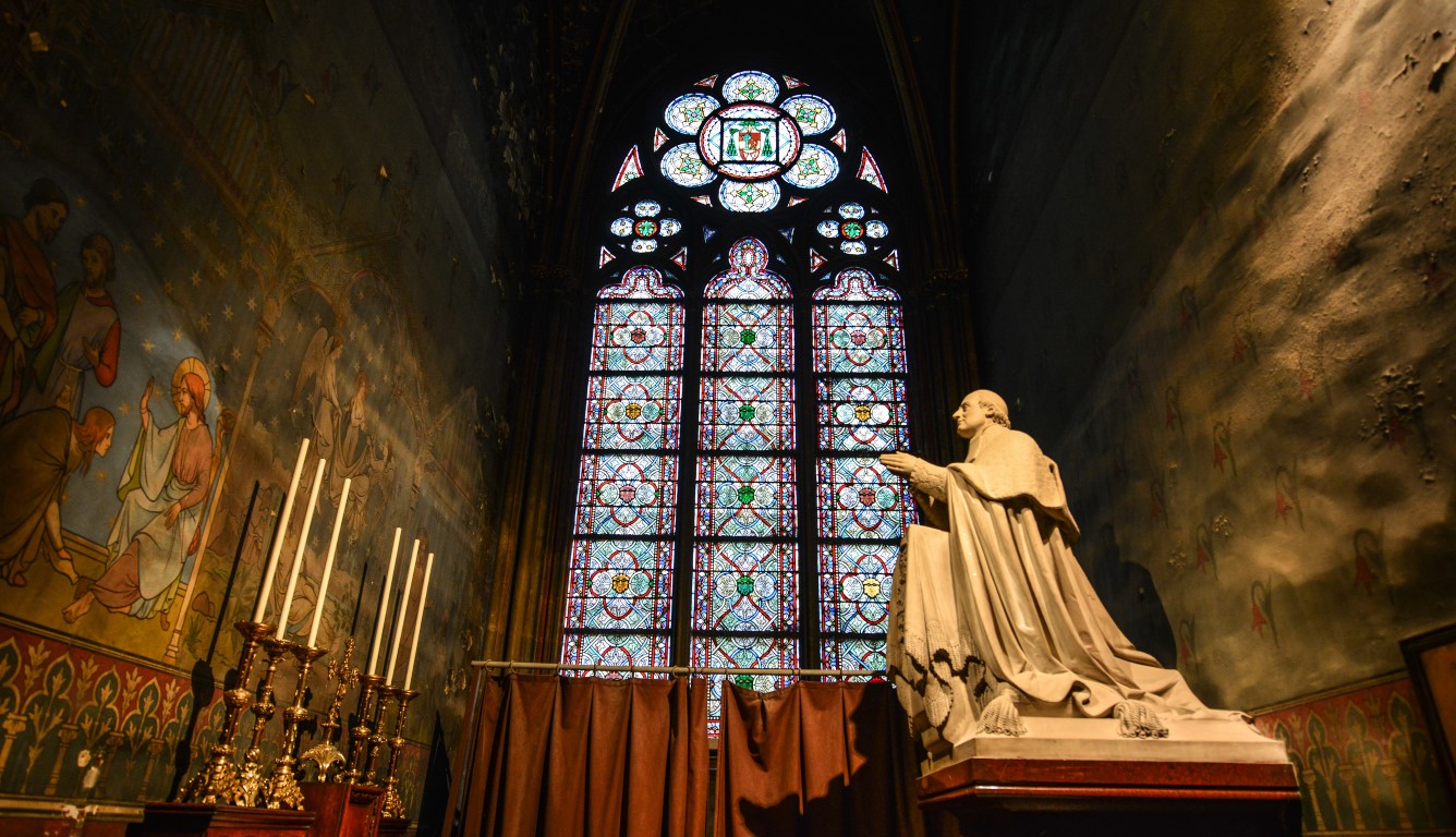 Paris, France - Oct 2, 2018. Interior of Notre-Dame de Paris. Cathedral is one of the finest examples of French Gothic architecture. Paris, France - Oct 2, 2018. Interior of Notre-Dame de Paris. Cathedral is one of the finest examples of French Gothic architecture.